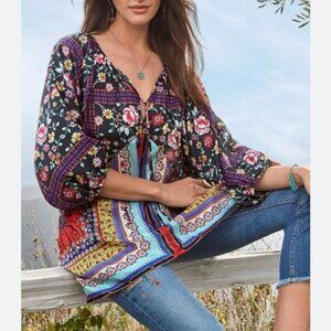Johnny Was Womens Lookout Electra‎ Silk Printed Tunic Shirt Size XS Boho Hippie